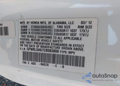 2012 Honda Odyssey Ex-L z USA, uszkodzony, nr VIN 5FNRL5H67CB083808